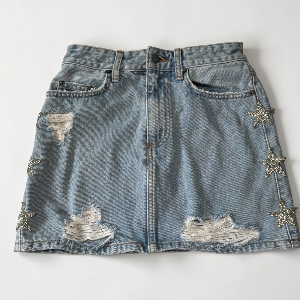CARMAR Rhinestone Star Distressed Jean Skirt Size 24